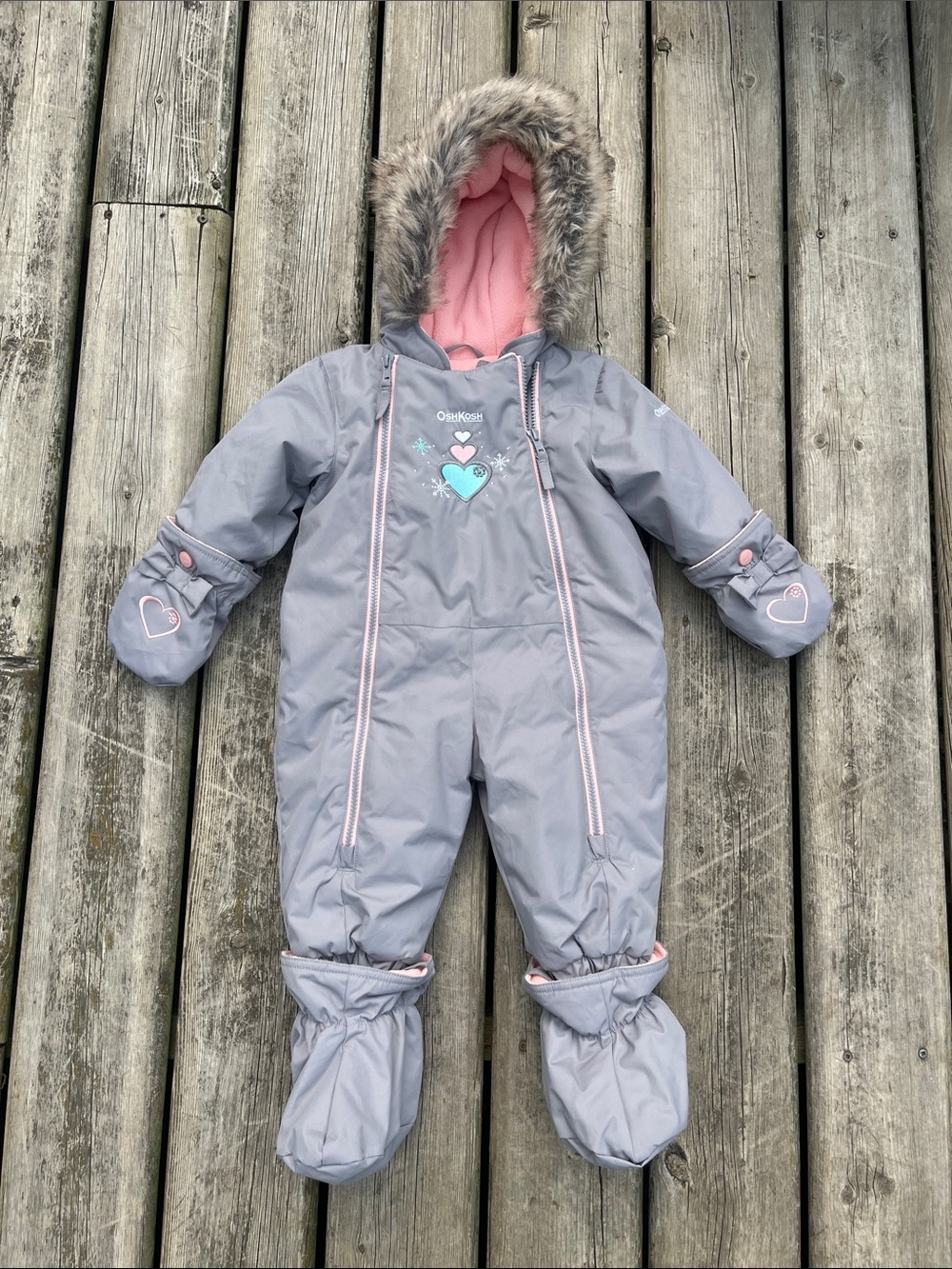 OshKosh B'gosh Gray & Pink Heart Snowsuit New Size 6-9 months